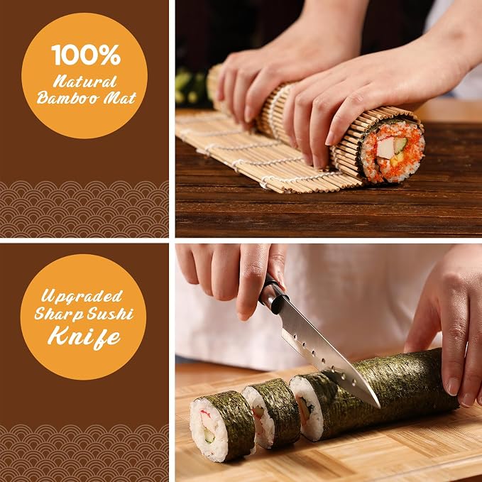 Delamu Sushi Making Kit, 22 in 1 Sushi Kit for Beginners/Pros Sushi Makers, with Bamboo Sushi Mats, Sushi Rolling Tube, Onigiri Mold, Rice Paddle, Sushi Knife, Guide Book & More