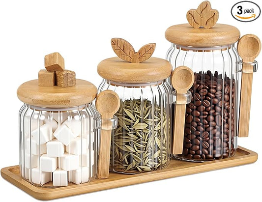 Suclain 3 Pcs Glass Coffee Container with Bamboo Color Lid & Spoon, 25, 20.3, 15 oz Airtight Glass Jar with Wooden Shelf, Food Storage Containers Coffee Jar Tea Container(Bamboo Color)