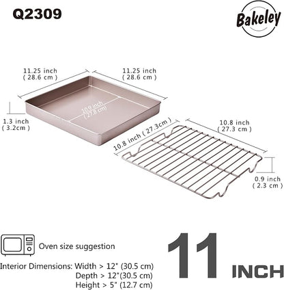 Roasting Pan with Rack, 11-Inch Non-Stick Square Shallow Dish Sheet Pan with Wire Rack for Oven Baking, BBQ and Roasting 11.2" x 11.2" x 1.3" (Champagne Gold)