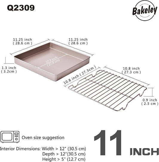 Roasting Pan with Rack, 11-Inch Non-Stick Square Shallow Dish Sheet Pan with Wire Rack for Oven Baking, BBQ and Roasting 11.2" x 11.2" x 1.3" (Champagne Gold)