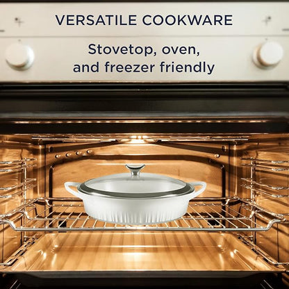 CorningWare QuickHeat 4-QT Cast Aluminum Braiser With Lid, Nonstick Ceramic Interior, Lightweight and Fast Even Heat Baking & Cooking, For Meats, Soup, Browning, Searing, French White
