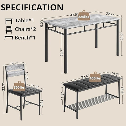 IRONCK Dining Table Set for 4, Kitchen Table with Upholstered Bench and 2 Chairs, Kitchen Table and Chairs Set for Small Space, Apartment, Gray