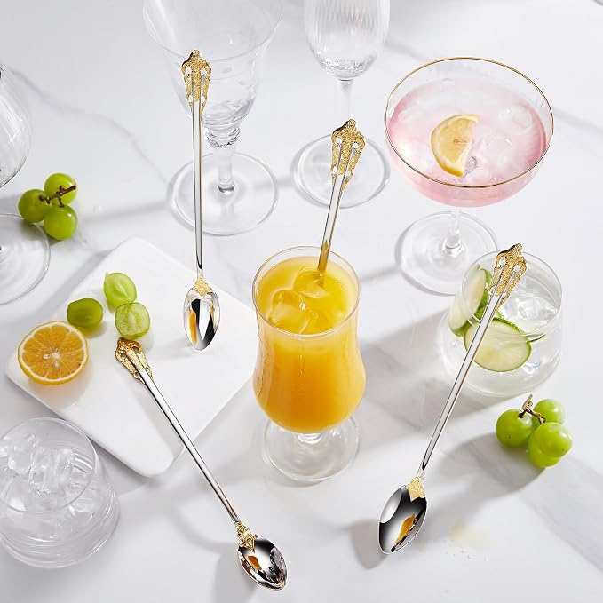 KEAWELL Luxurious 9 Inch Long Iced Tea Spoon Set - 4 Pieces - Gorgeous Design with Exceptional Mirror Polished Finish - 18/10 Stainless Steel- Perfect for Tall Glasses, Cocktails (Gold Accent)
