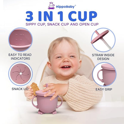 HippoBaby Baby Led Weaning Supplies |10 Piece Silicone Baby Feeding Set, Baby Toddler Bib Cup Divided Plate and Bowl Self Feeding Spoons Dish Set | Baby Utensils,Toddler Feeding Supplies (Rose Quartz)