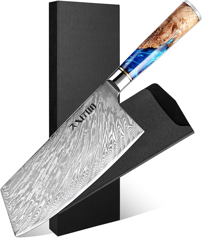 XITUO 7-Inch Vegetable Cleaver Knife – Japanese Style VG10 Damascus Steel Core Forged Blade, Professional Kitchen Knife with Sheath & Case
