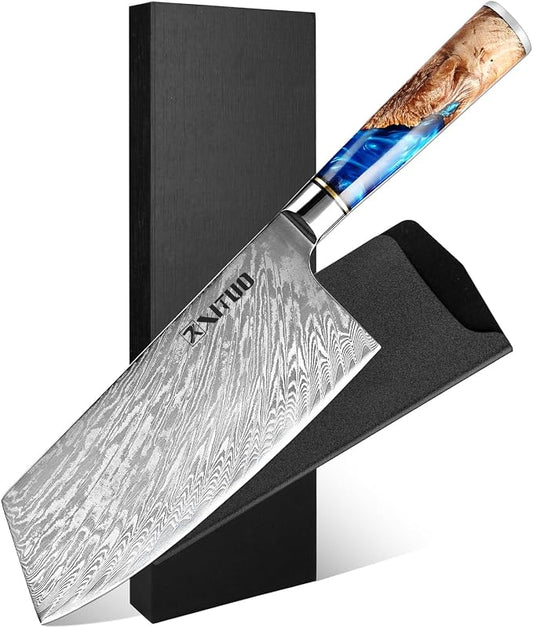 XITUO 7-Inch Vegetable Cleaver Knife – Japanese Style VG10 Damascus Steel Core Forged Blade, Professional Kitchen Knife with Sheath & Case
