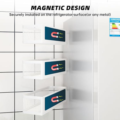 3 Pack Magnetic Spice Rack for Refrigerator, Heavy Duty White Metal Fridge Organizers & Storage Baskets, Multi-use Magnetic Shelves for Kitchen Organization, Pantry, Laundry Room & Bathroom Storage
