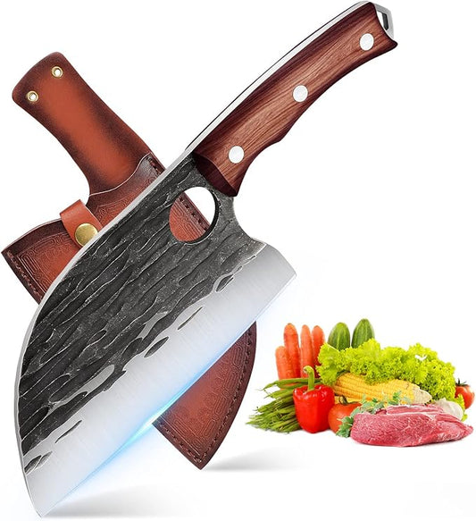 ROCOCO Serbian Chef Knife 6.5" Butcher Knife Japanese Full Tang Boning Chopping Viking Cleaver with Sheath for Kitchen Outdoor BBQ Camping Father Mother Christmas Gift Gift Men