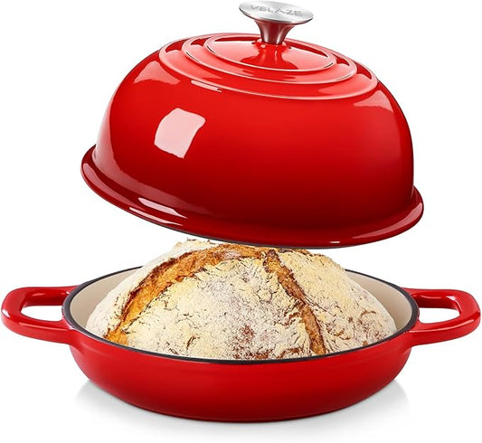 Velaze Enameled Cast Iron Dutch Oven for Bread Baking,5 QT Bread Oven Pot with Dome Lid for Crispy Artisan Bread & Bakery-Style Homemade Loaves(Red)