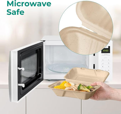 Fit Meal Prep 600 Pack 9x6 Compostable To Go Food Containers, Disposable To Go Boxes for Food, Clamshell Take Out Containers with lids, Eco Friendly Biodegradable, PFAS-Free, Bagasse, Microwave Safe