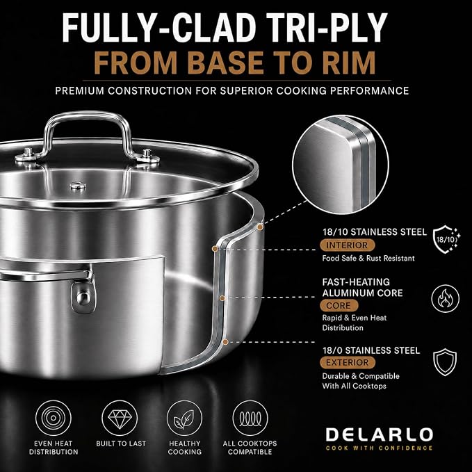 DELARLO Tri-Ply Stainless Steel Frying Pan,12 inch Skillet with Lid,6 Quart Saute Pan,Compatible with All Cooktops,Oven Up to 660℉,Chicken Fryer,Dishwasher-Friendly