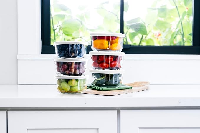 12-Piece Glass Food Storage Containers Set (6 Containers + 6 BPA-Free Lids) | 2-Cup, Leakproof | Microwave, Freezer, Oven & Dishwasher Safe | Ideal for Meal Prep & Pantry Organization, White