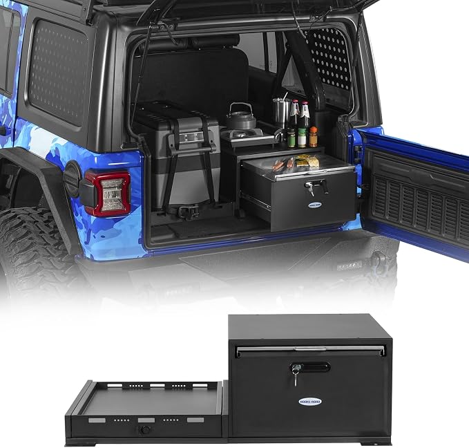 Hooke Road JK JL Bronco Trunk Storage Drawer & Fridge Slide Mount for 2007-2026 Jeep Wrangler JK JL 4-Door & 2021-2026 Ford Bronco 4-Door, Security Lock Toolbox Overland Camping Cargo Organizer