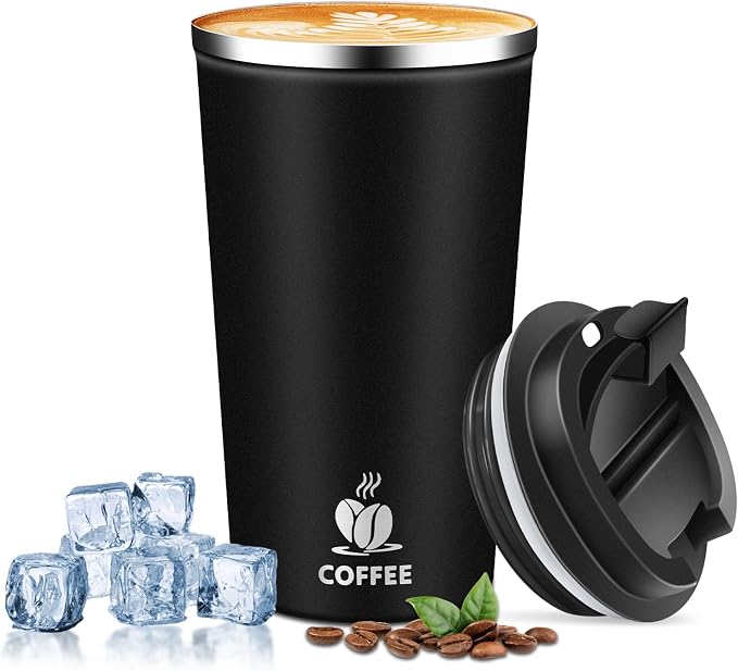 Insulated Travel Coffee Mug Reusable Coffee Tumbler Cup with Flip Lid Leak Proof Spill Proof for Office School Party Camping Hot and Cold Drink,Stainless Steel 17oz (Black)