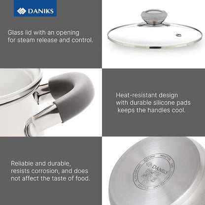 Daniks Modern 10-Piece Stainless Steel Cookware Set with Glass Lids, Includes Saucepan, Tri-Ply Bases for Even Heating, Induction Compatible, Dishwasher Safe, Heatproof Handles