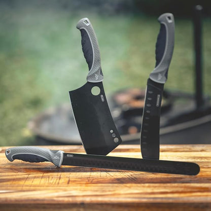 OUTDOOR EDGE ErgoMax Meat Carver Knife Set - Includes Cleaver, Brisket, Butcher & Honing Steel, Premium Titanium-Coated Steel Blades, Non-Slip Rubber Handles, Sharpening Rod