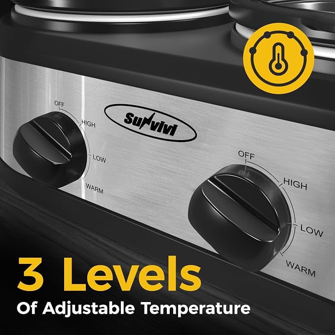 2 * 1.25 Quarts Dual Slow Cooker, Buffet Server & Warmer with 2 Removable Ceramic Pots, 3 Adjustable Temp Settings & 2 Visible Glass Lids, Stainless Steel, Silver