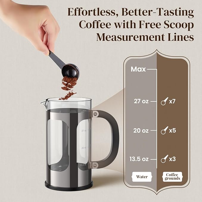 Veken French Press Coffee Maker 34oz, No Plastic Touching Cafe,Thickened Glass Stainless Steel Brewer, Cold Brew Cafetera Tea pot for Kitchen Travel Camping, Gifts, Decor, Bar Accessories, Dark Pewter
