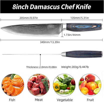 Damascus Chef Knife, 8-Inch Kitchen Knives with 9Cr18MoV Steel Core, Japanese Chef Knife with Durable Wood Handle - Professional Razor Sharp Cooking Chef Knife for Kitchen with Gift Box