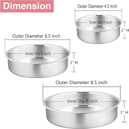 P&P CHEF Cake Pan Set of 3, 4" + 6" + 8" Round Baking Layer Tier Cake Pans Tins, Stainless Steel Bakeware for Birthday Weeding, Heavy Duty & Non Toxic, Mirror Finish & Dishwasher Safe