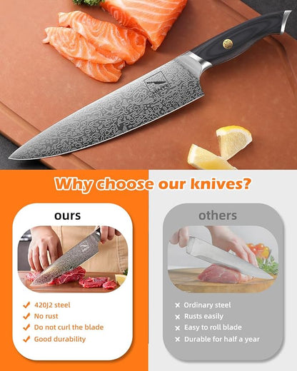 8" High Carbon Stainless Steel Kitchen Chef Knife, Blackwood Handle, Textured Anti-Stick Blade, Rustproof & Dishwasher Safe, Effortless Chopping, Premium Gift Box