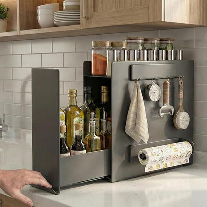 2 Tier No Assembly Pull Out Spice Rack Countertop, Sliding Drawer for Tall Bottles, with Magnetic Panels with Paper Towel Holder and 4 Hooks (Dark Grey, 2)