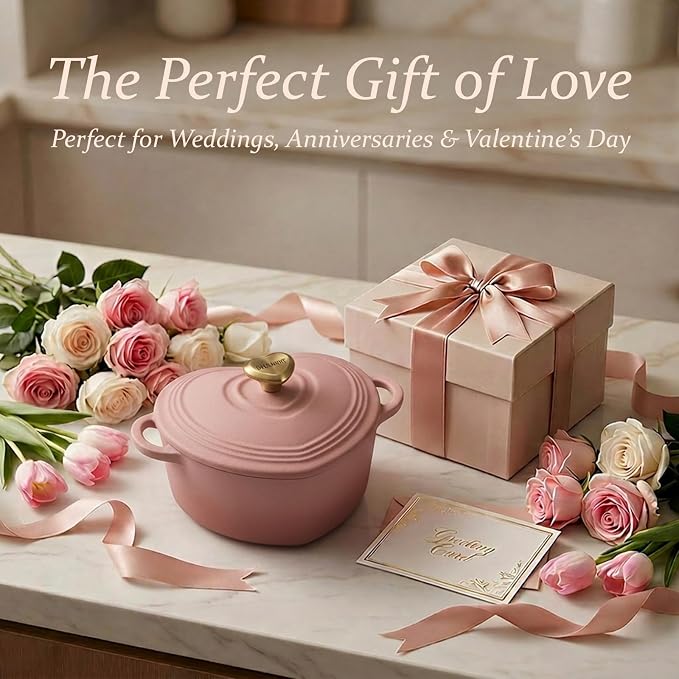Overmont Heart-Shaped Enameled Cast Iron Dutch Oven, 2QT Pink Mini Pot with Lid for Cozy Meals, Soups & Small Batch Baking, Cute Kitchen Cookware Gift for Wedding, Housewarming & Birthday