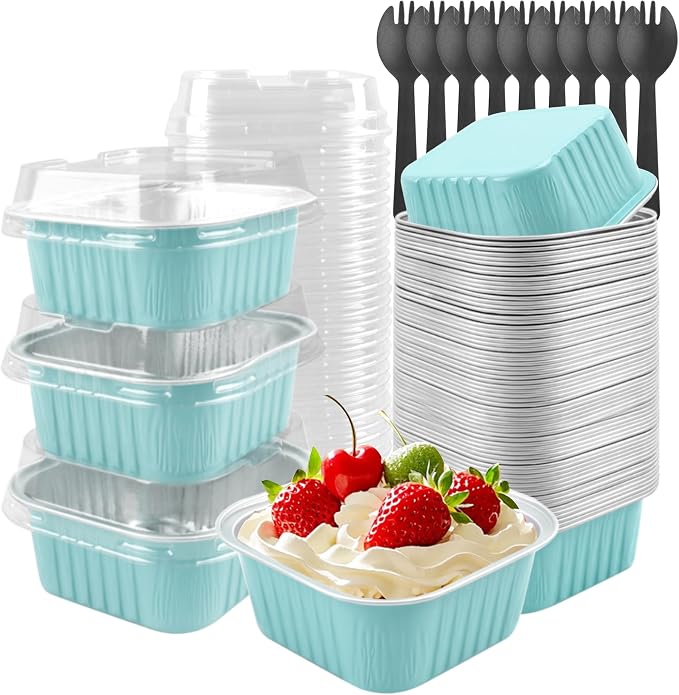 50 Pack 5oz Square Mini Cake Pans with Lids and Spoons,Aluminum Foil Baking Cups,Disposable Mini Loaf Pans Ramekins for Brownie, Cheesecake, Mousse & Wedding Party Favors-blue