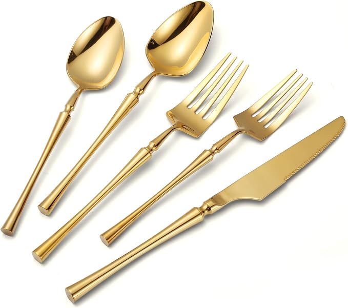 Lemeya 20 Piece Glossy Gold Silverware Set,18/10 Stainless Steel Flatware Set Service for 4,Unique Cutlery Set with Canton Tower Handle,Forks Spoons and Knives Set,Mirror Polished,Dishwasher Safe