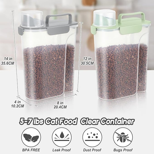 LEAWALK 5-7Lbs Dog Cat Food Storage Container with Upgraded Large Nozzle BPA-free, 4 Snap Seals Plastic Pet Food Storage Containers with Handles (Light Green+Light Gray, 5L-2pack)