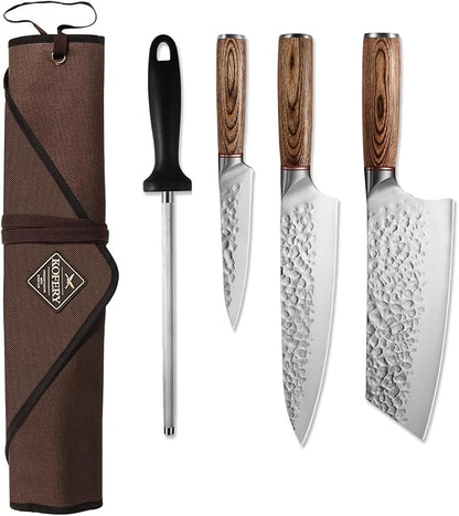 KOFERY 5 Piece Chef Knife Set, High Carbon Stainless Steel Kitchen Knives, Hand Forged Hammered Blades for Meat Cutting and Culinary School, Travel Pouch, Roll Bag, Honing Steel, Block Not Included