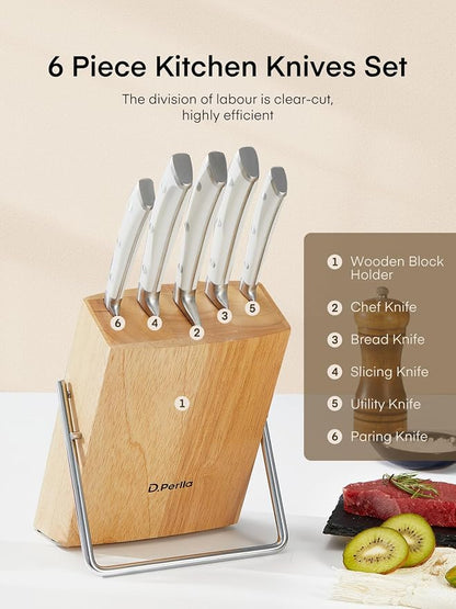 D.Perlla Knife Set with Wooden Block 6 Pieces Kitchen Knife Set, Knife Block Set with High Carbon German Stainless Steel, Sharp Knife Set with Wood Block