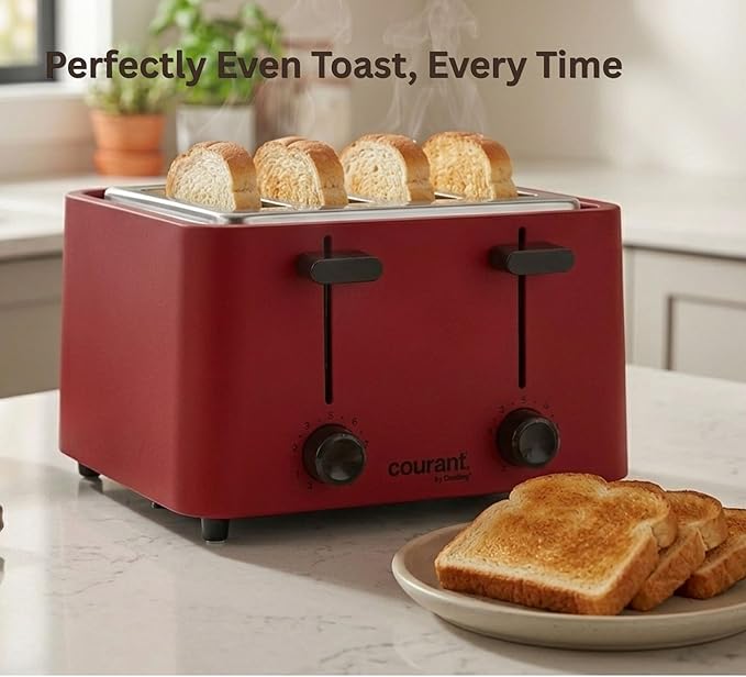 Courant 4 -Slice Toaster Cool Touch with Extra Wide Slots For Bread, Bagels & Waffle with 6 Adjustable Shade Settings, CrumbTray & Cancel Function Extra-Lift Feature, compact Design – Red