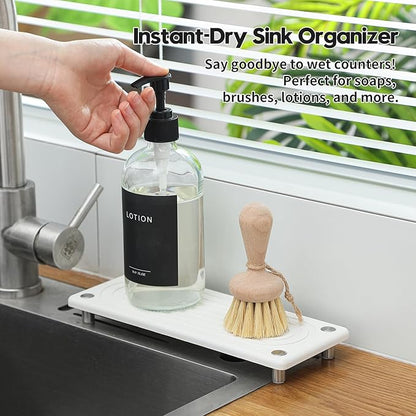 Razborci Water Absorbing Stone Sink Caddy, Diatomite Kitchen Sink Organizer, Bathroom Counter Tray, Faucet Drying Mat Coaster Soap Dish Rack Riser Dispenser Sponge Holder, Silver, White 10" x 4"