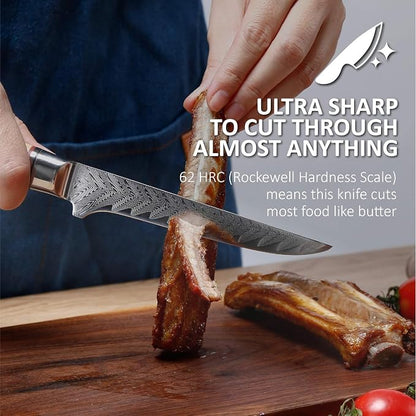 Master Maison 6" Damascus Steel Fillet Knife With Full-Tang Handle, Sheath, Sharpening Stone, Storage Box & Drying Cloth | AUS-10 Japanese Stainless Steel Ultra Sharp Filleting & Boning Knife For Fish