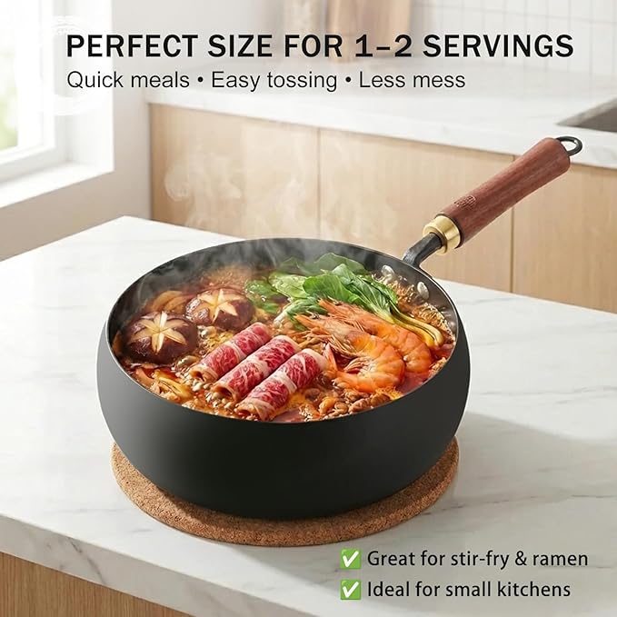 WANGYUANJI Carbon Steel Wok Pan Flat Bottom Iron Stir Fry Pan Induction Cookware 9.5 Inch Uncoated Small Traditional Skillet with Lid