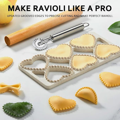 Ravioli Maker Press, Ravioli Press Mold Set - Heart Ravioli Stamp Maker Cutter with Wood Rolling Pin, 2.6" Empanada Maker Press Kit and Ravioli Wheel, Makes 6 Ravioli