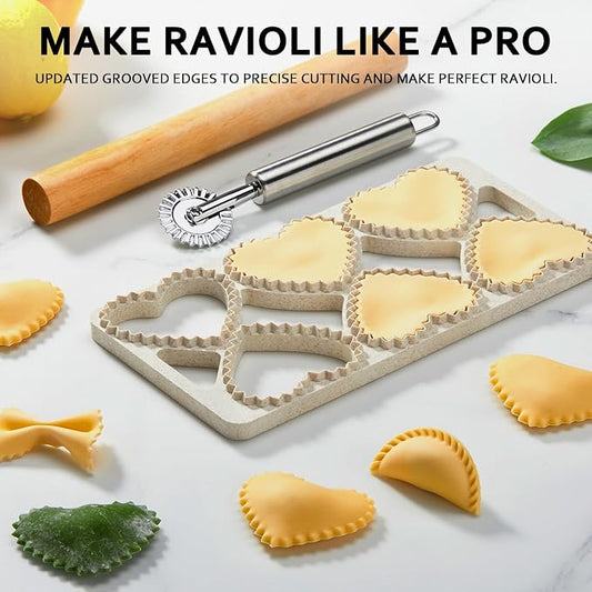 Ravioli Maker Press, Ravioli Press Mold Set - Heart Ravioli Stamp Maker Cutter with Wood Rolling Pin, 2.6" Empanada Maker Press Kit and Ravioli Wheel, Makes 6 Ravioli