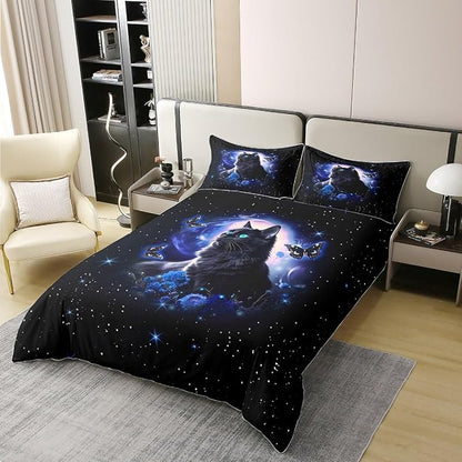 Castle Fairy Full Size Duvet Cover Set Mysterious Cat Butterfly Comforter Cover Set 100% Pure Cotton Blue Galaxy Duvet Cover Set Fantasy Starry Sky Bedding Set 3 Pcs(Not Comforter)