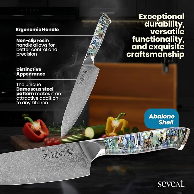 Damascus Kitchen Knife Set | 67-Layer Damascus Steel | Professional Chef Knives Set | Ergonomic Blue Shell Handle | Acacia Wood Magnetic Holder Included (Blue-3, 5-Piece Set)