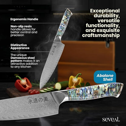 Damascus Kitchen Knife Set | 67-Layer Damascus Steel | Professional Chef Knives Set | Ergonomic Blue Shell Handle | Acacia Wood Magnetic Holder Included (Blue-3, 5-Piece Set)