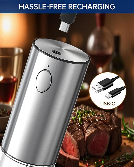 CIRCLE JOY Stainless Steel Electric Pepper Grinder, Rechargeable Pepper Mills with LED Light, 6-Level External Adjustable Coarseness for Easy Use, Silver, 1 Pcs