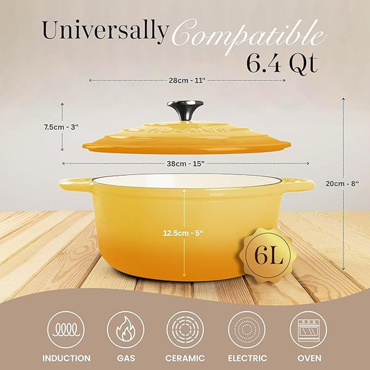 Nuovva Enamelled Cast Iron Dutch Oven Pot with Lid 6.4 Quart Non Stick Casserole Pot-Heavy Duty & Oven Safe up to 500° F for Bread Baking, Braising, Stews, Roasting - 28cm Yellow