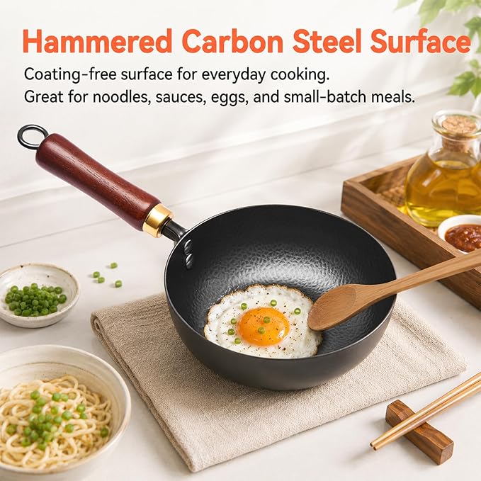 WANGYUANJI 8 Inch Carbon Steel Wok Pan with Lid, Small Hammered Flat Bottom Wok for 1–2 Servings, Removable Beechwood Handle, Coating-Free Stir Fry Pan for Gas, Electric & Induction Cooktops