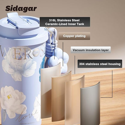 Siidagar 18 oz Coffee Mug, Stainless Steel Insulated Travel Mug with Flip Straw, Double Wall Tumbler Cup with Leak Proof Lid,Reusable Ceramic Water Bottle for Office,Blue