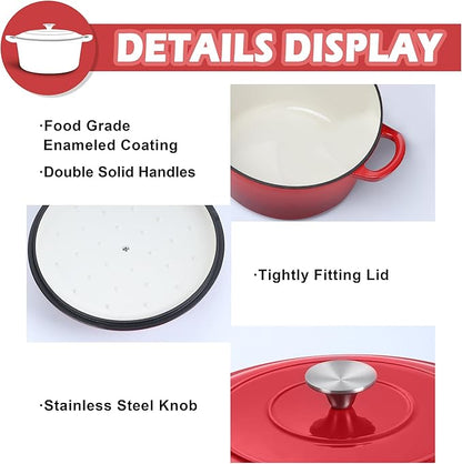 TeamFar 3qt Dutch Oven, Small Enameled Cast Iron Dutch Oven Pot with Lid, For Bread Baking/Stewing/Braising/Frying, Various Stoves & Oven Safe, Non-stick & Easy Clean, Red