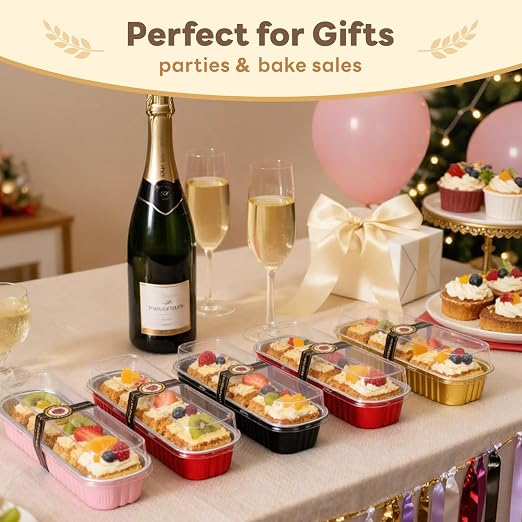 YQER 120 Pack Mix Color Mini Cake Pans with Lids and Spoons, 6.8 oz Disposable Aluminum Foil Mini Loaf Pans Cake Tins Bulk Set with Stickers for Baking, Bake Sales, Parties and Dessert Prep