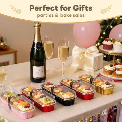 YQER 120 Pack Mix Color Mini Cake Pans with Lids and Spoons, 6.8 oz Disposable Aluminum Foil Mini Loaf Pans Cake Tins Bulk Set with Stickers for Baking, Bake Sales, Parties and Dessert Prep