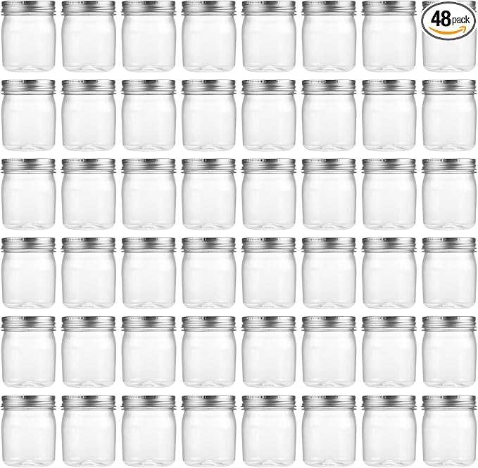 novelinks 8 oz Clear Plastic Jars with Airtight Lids, 48 Pack Plastic Mason Jars with Lids 8oz, Refillable Storage Slime Containers & Small Spice Jar for Kitchen Organization (48 Pack,Silver)