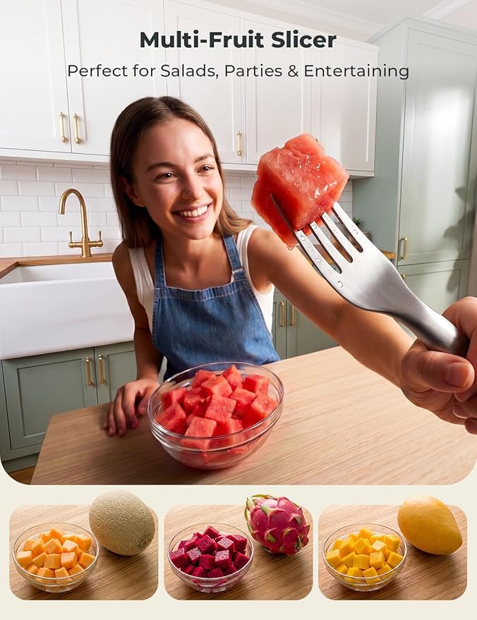 CripsTaste 2 Pack Watermelon Fork Cutter Slicer Tool, 2-in-1 Stainless Steel Fruit Cutter Melon Slicer Cutter Tool, Watermelon Cutting Tool for Home Party Camping Kitchen Gadget